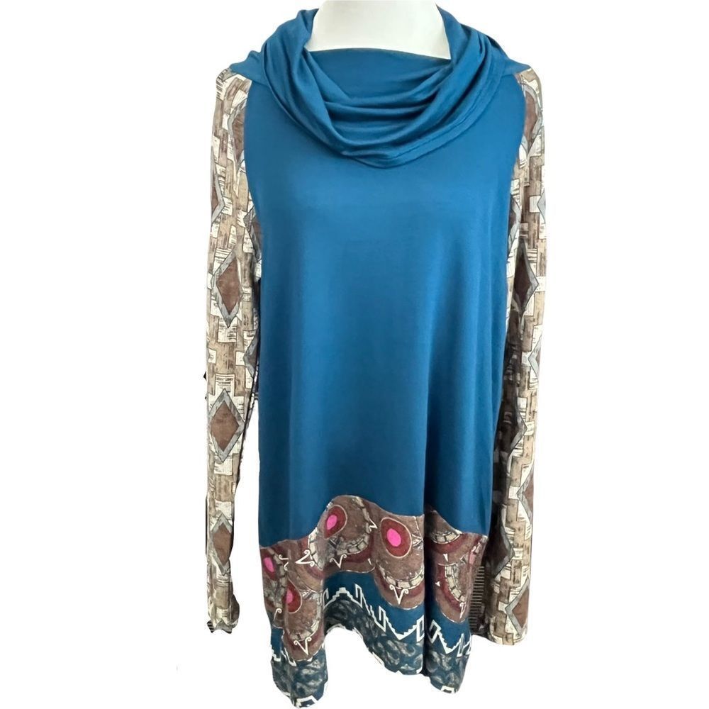 Vintage Sun & Moon Hippie Boho Mixed Print Jersey Knit Cowl Neck Sweater Large
